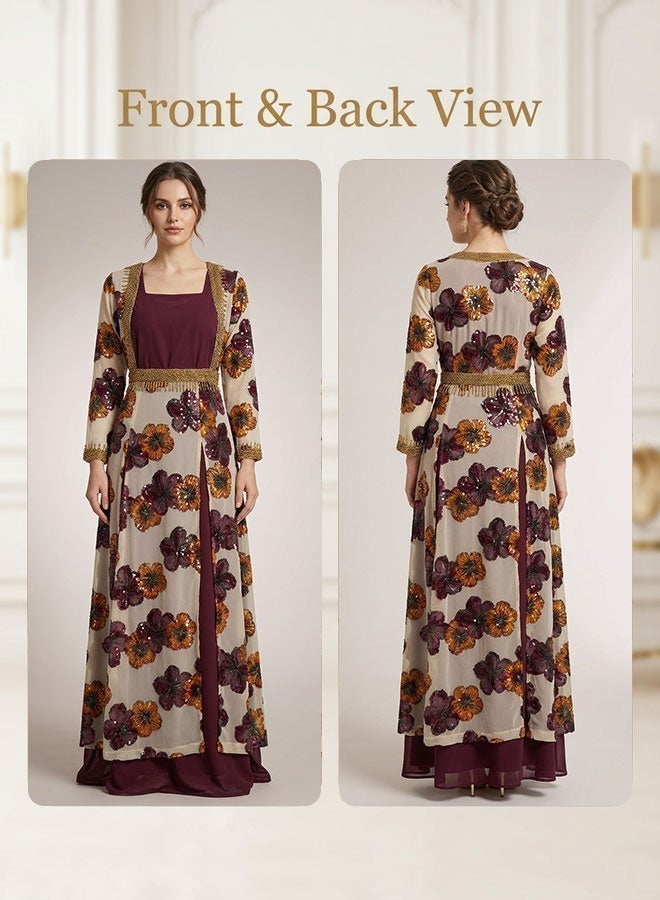 Ladies' Ramadan Elegant Chiffon Maxi Dress Formal Elegant Gown Party Long-Sleeved Dress Burgundy Floral Patchwork Formal Ankle-Length Cover-Up Dress - Image 3